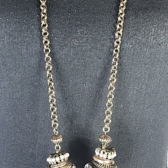 Chico's Mixed Metal Brass Rhinestone Wood Stacking Ring Bead 39" Rolo Necklace - Picture 4 of 16